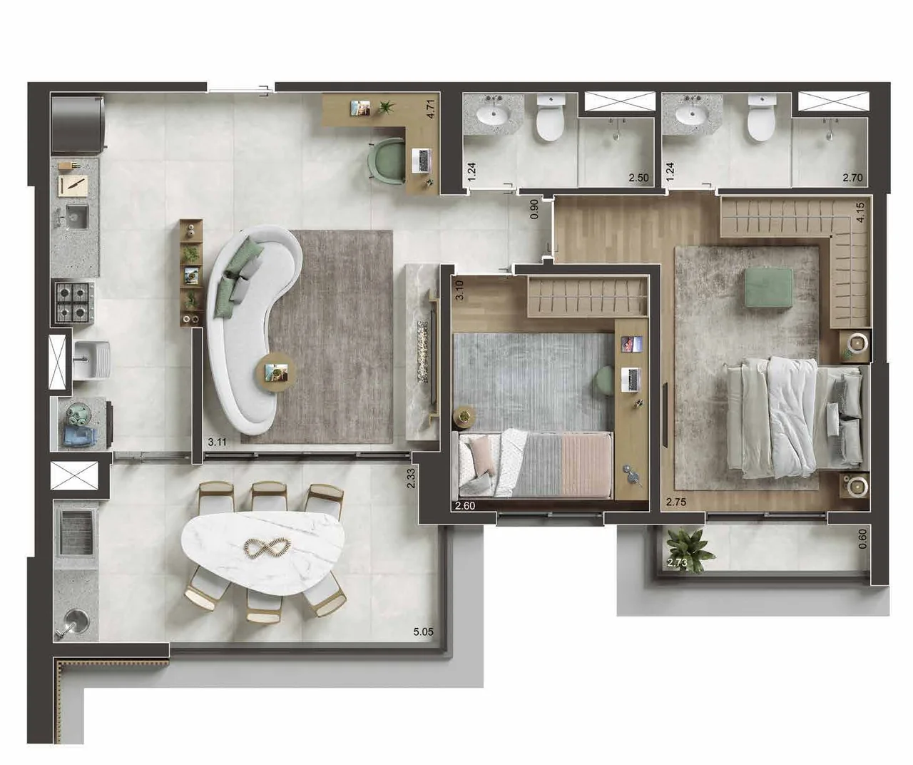 NID Alphaville — apartamento 75 m². Planta tipo de 75 m². Áreas privativas de 75,12 ou 75,20 m², conforme a torre. Imagem ilustrativa; decoração não incluída.