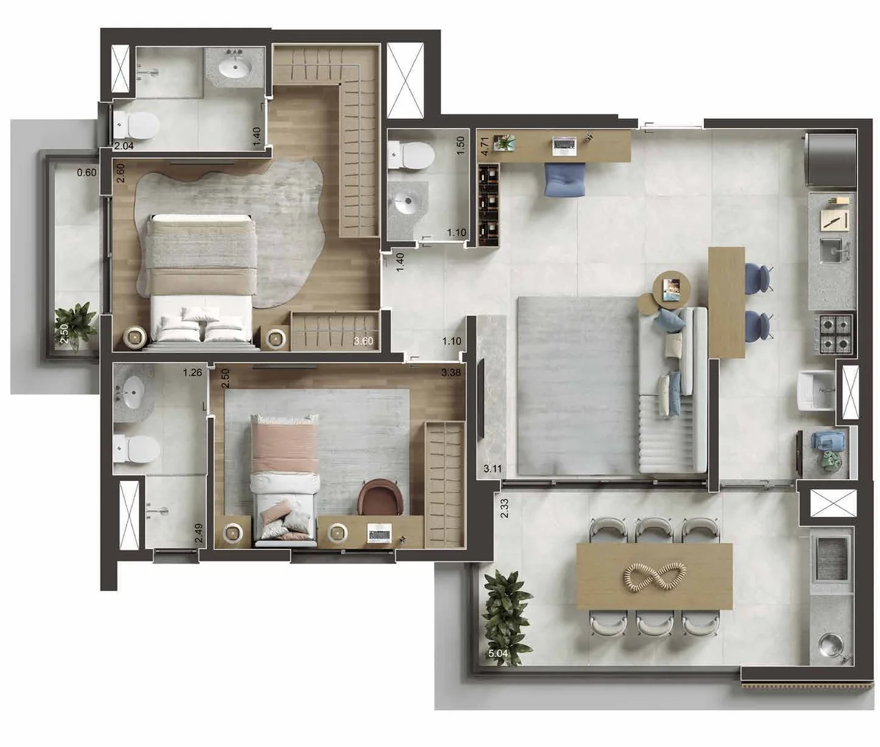 NID Alphaville — apartamento 76 m². Imagem: planta de 76 m² com 2 suítes e lavabo. Há outra configuração de 76 m² com 1 suíte. Consulte a torre e o final.