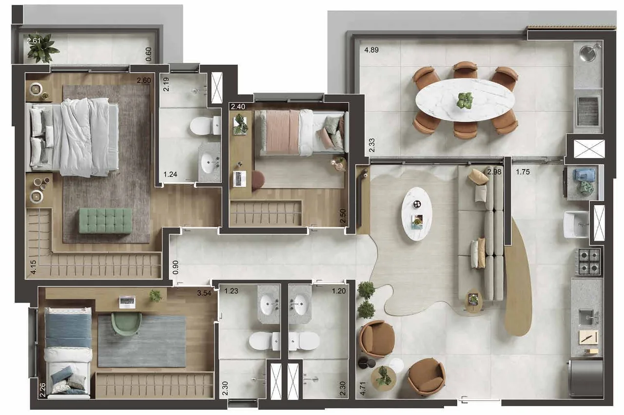 NID Alphaville — apartamento 86 m². *Conforme o book: 1 vaga do 2º ao 14º pavimento e 2 vagas do 15º ao 27º. Confirme as condições da unidade.
